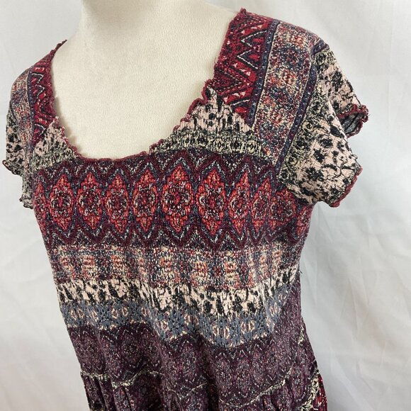 Soft Surroundings Smocked Dress 1X Maroon Cream Blue Mandala Print Short Sleeve - Picture 7 of 16